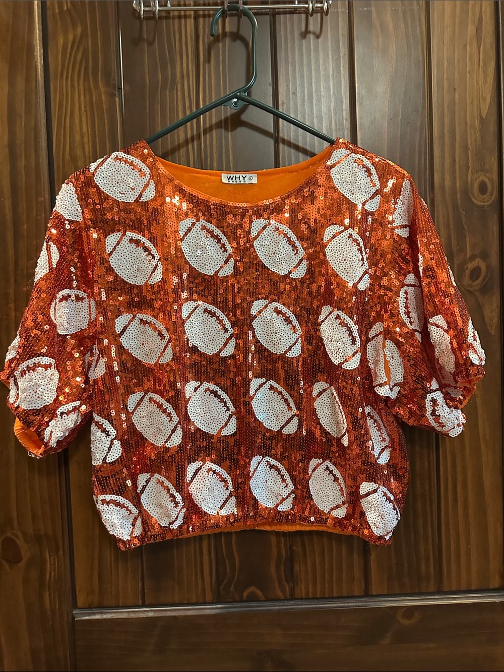 WHY Orange Sequin Cropped Top with White Sequin footballs